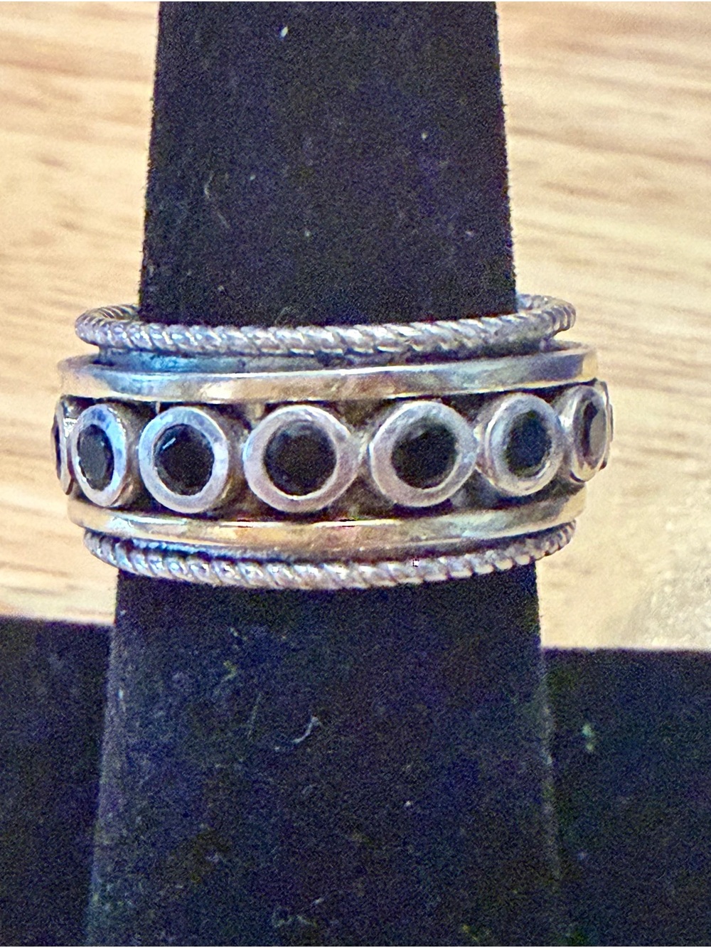 Sterling-Style Silver Circle Spinner Ring in Silver with Black Tourmaline.